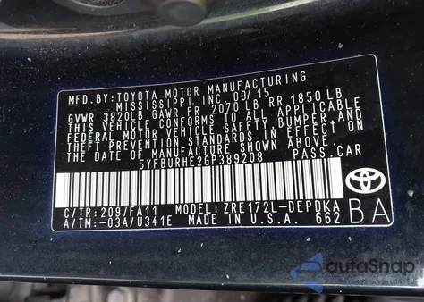 2016 Toyota Corolla L from USA, damaged, VIN 5YFBURHE2GP389208